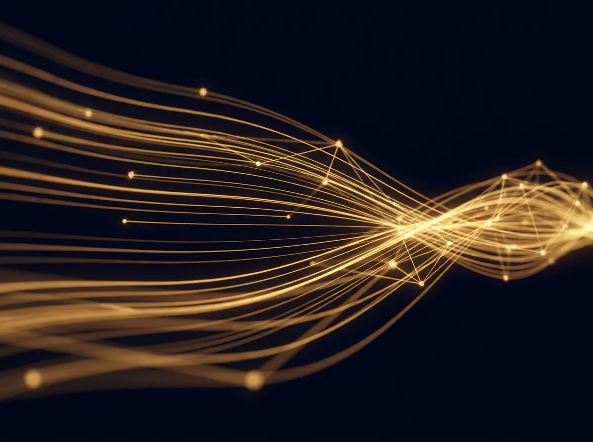 Flux lumineux dorés convergeant vers un point central sur fond sombre, symbole de processus d'entreprise connectés et automatisés