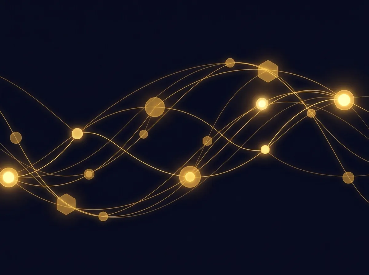 Constellation de nœuds dorés reliés entre eux sur fond sombre, symbole d’une cartographie de processus d’entreprise