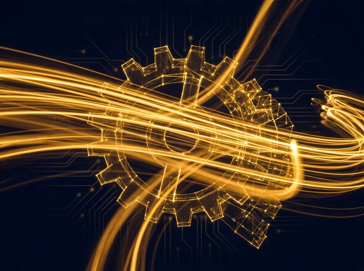 Rouage de lumière dorée traversé par des flux continus sur fond sombre, symbole de processus automatisés